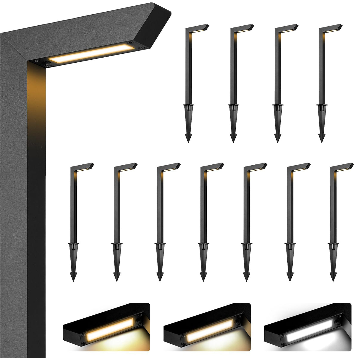 Gardencoin 3CCT LED pathway light, front view, sturdy stake for outdoor walking safety.