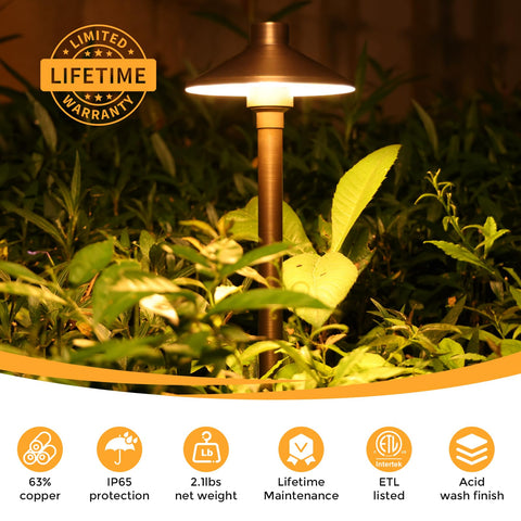 Gardencoin antique bronze outdoor pathway light with ground stake for stability.