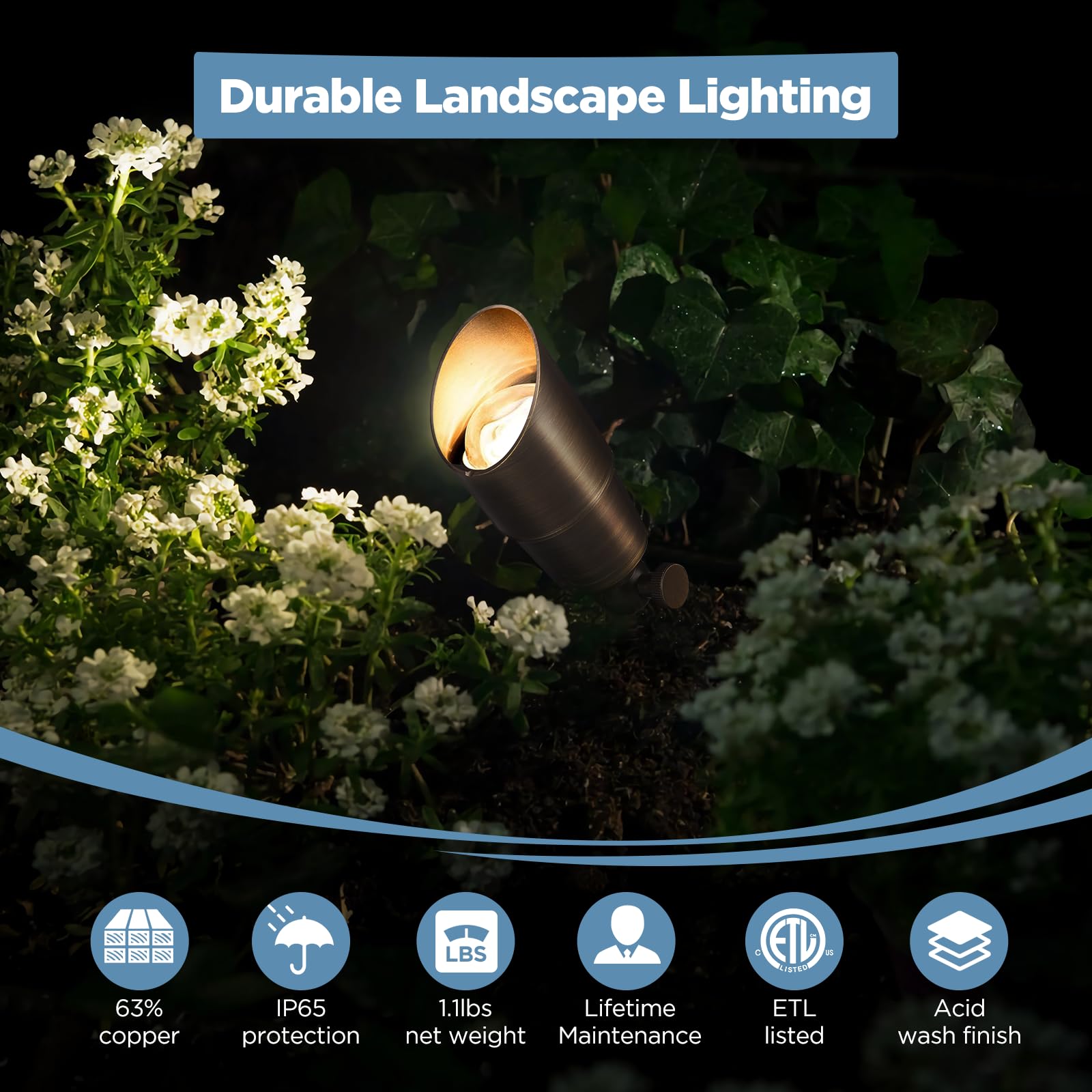 Gardencoin bronze outdoor spotlight with side-angle view highlights flexible beam for yard accents.