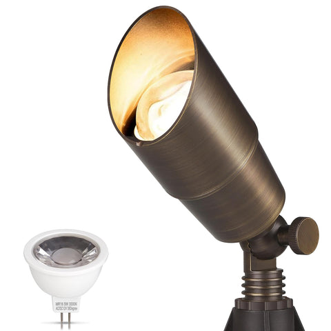 Gardencoin brass outdoor spotlight front view for garden accent lighting.