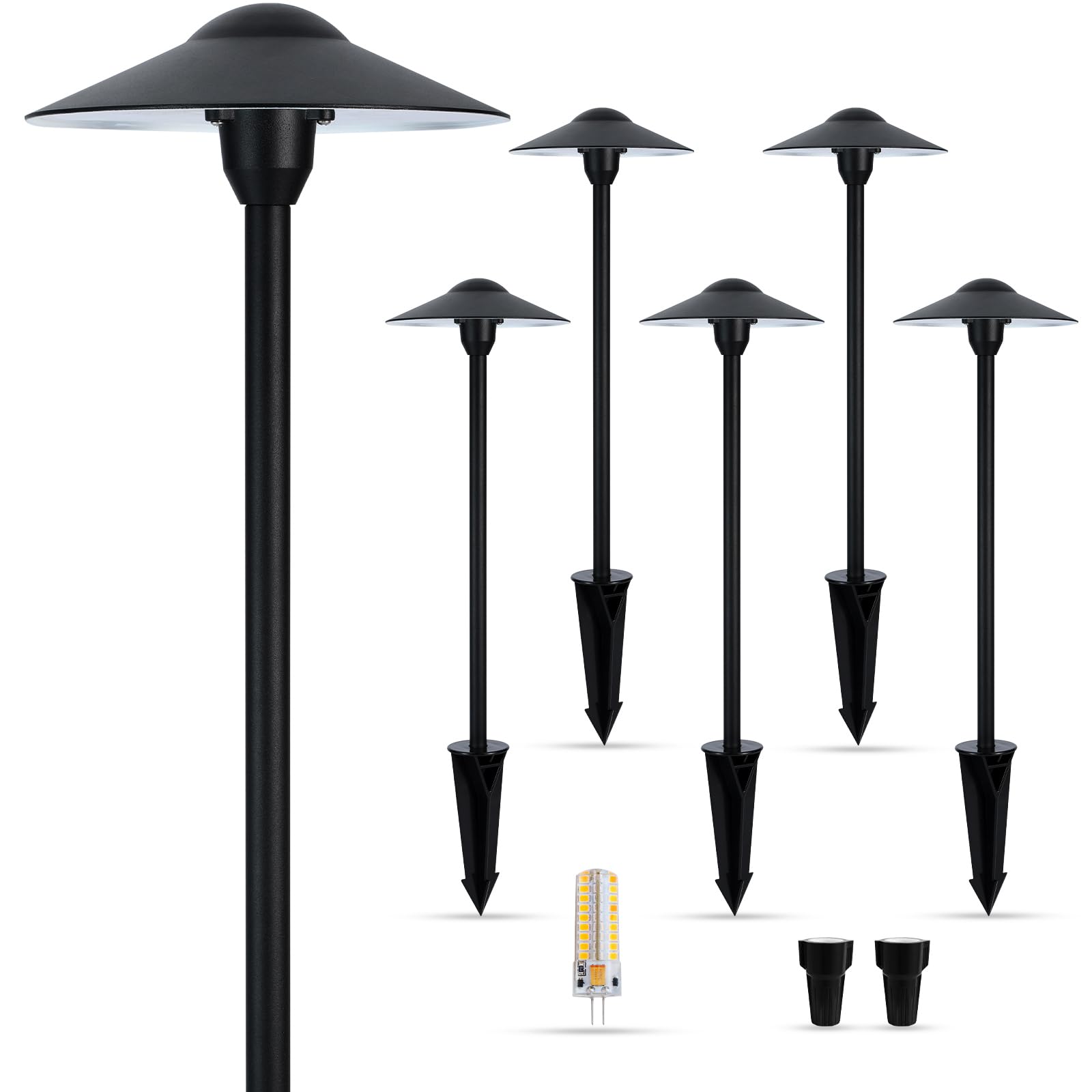 Gardencoin low-voltage pathway light front view six-pack with warm 2700K glow
