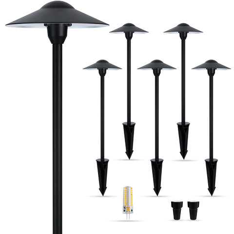 Gardencoin low-voltage pathway light front view six-pack with warm 2700K glow