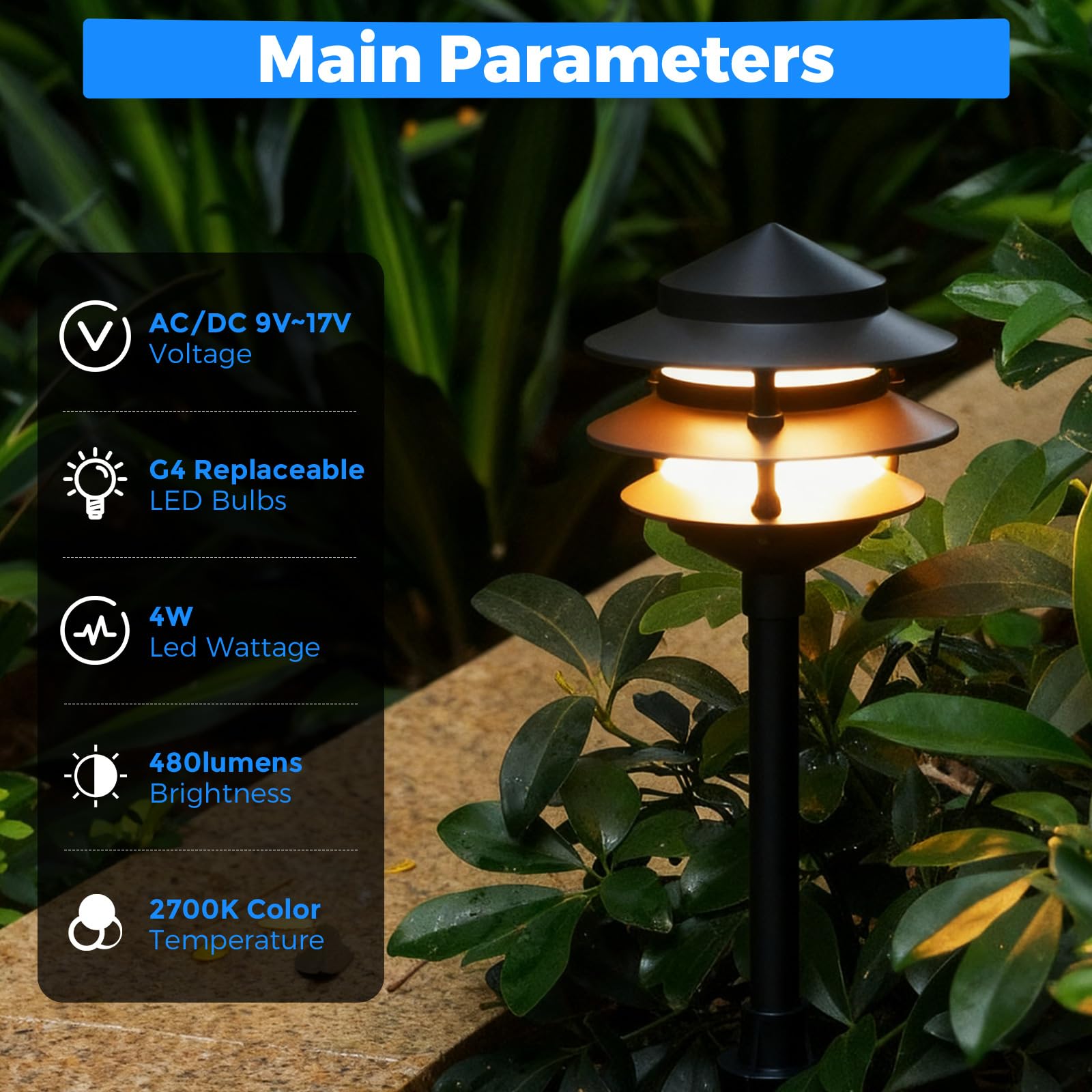 Gardencoin Pagoda light on walkway at dusk highlights ambient path lighting