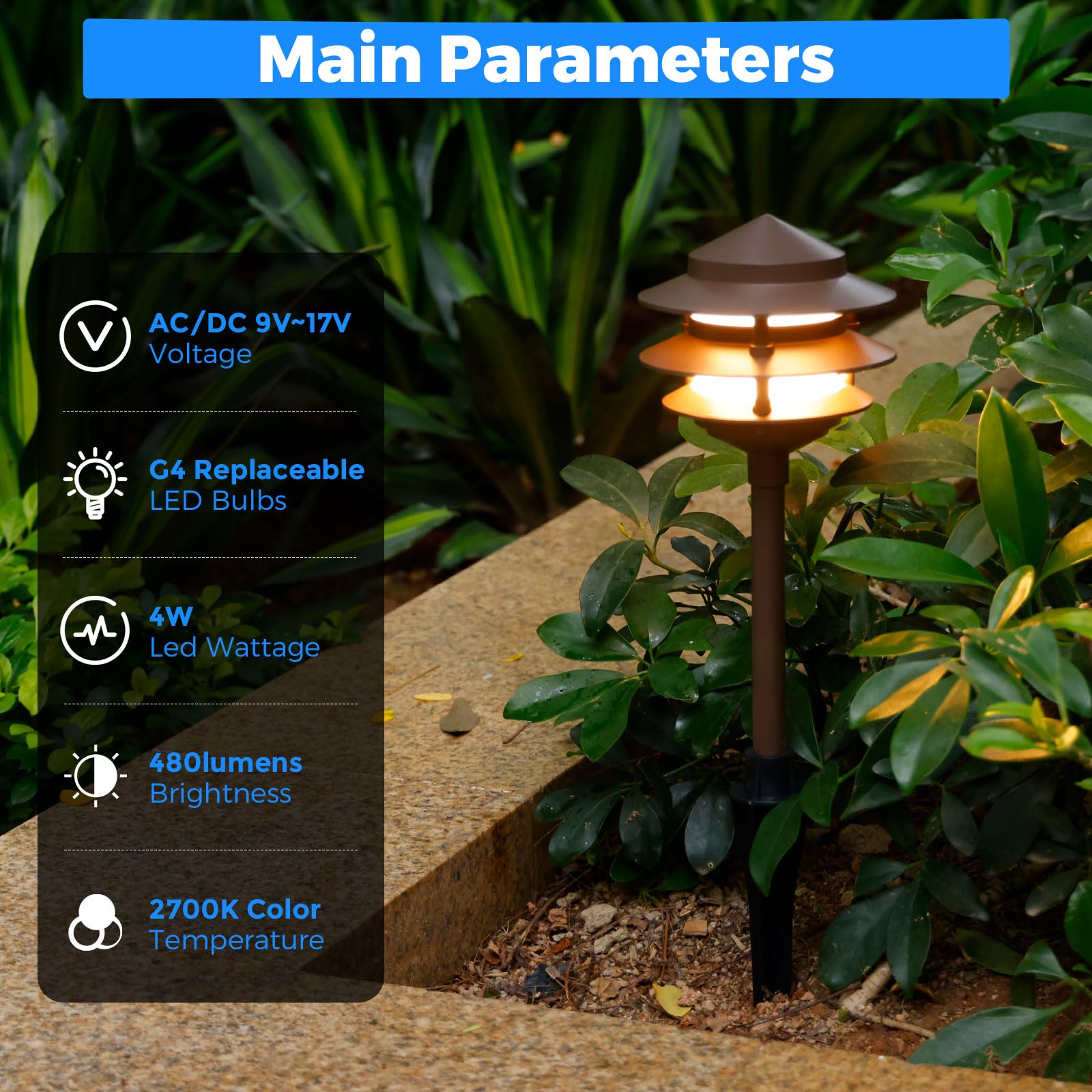 Gardencoin Pagoda with replaceable G4 bulb for easy maintenance.
