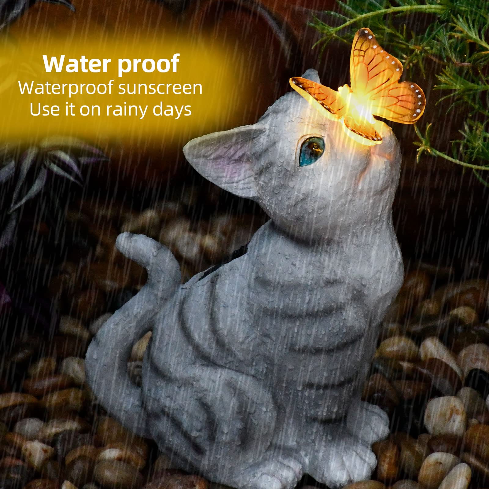 Gardenfans sun-charged cat statue stores energy for night illumination