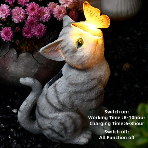 Gardenfans solar-powered cat figurine lights up patios at dusk
