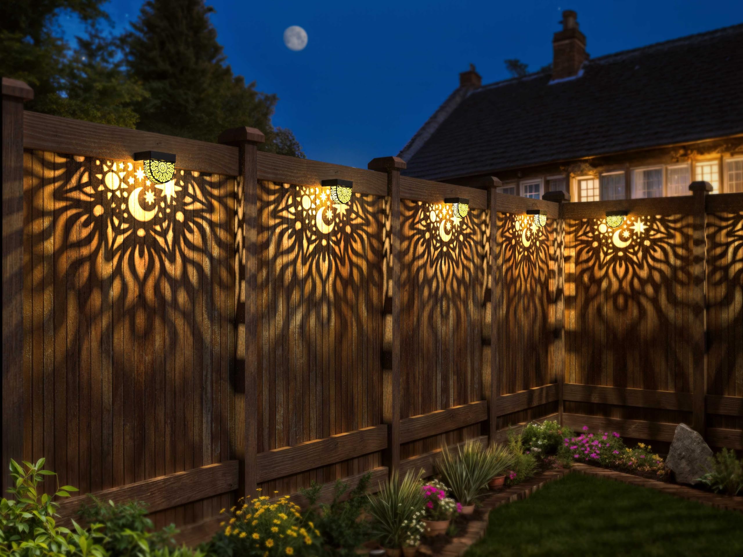 Gardsee solar fence lights installed on deck providing subtle boundary lighting.