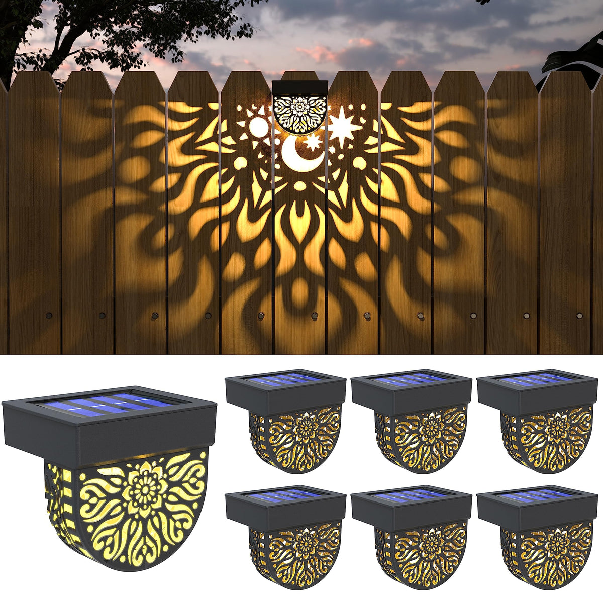 Gardsee solar fence lights front view with warm glow for garden ambiance.