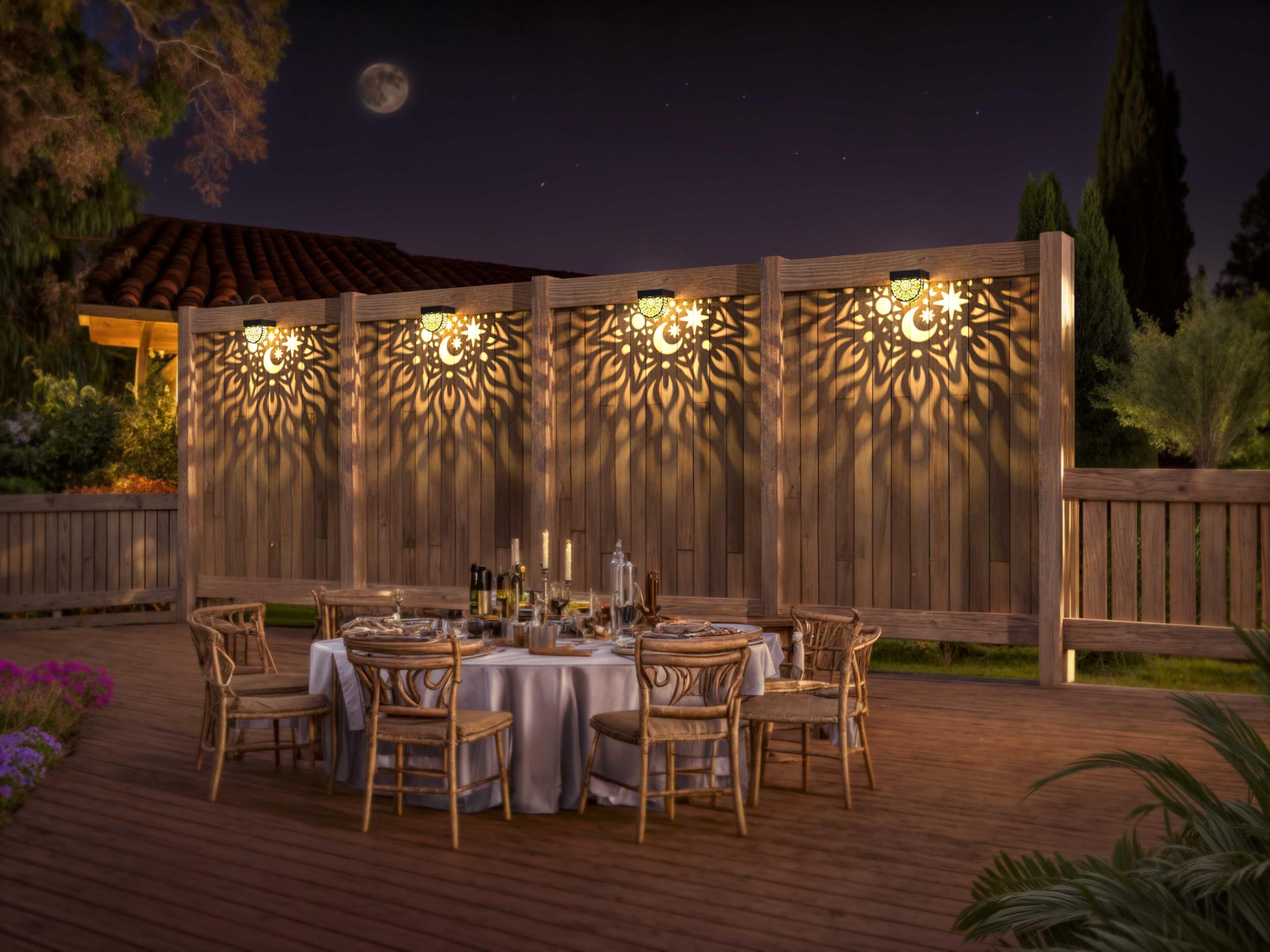 Gardsee fence lights wall-mount option on fence shows decorative pattern.