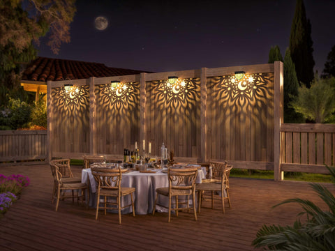 Gardsee fence lights wall-mount option on fence shows decorative pattern.