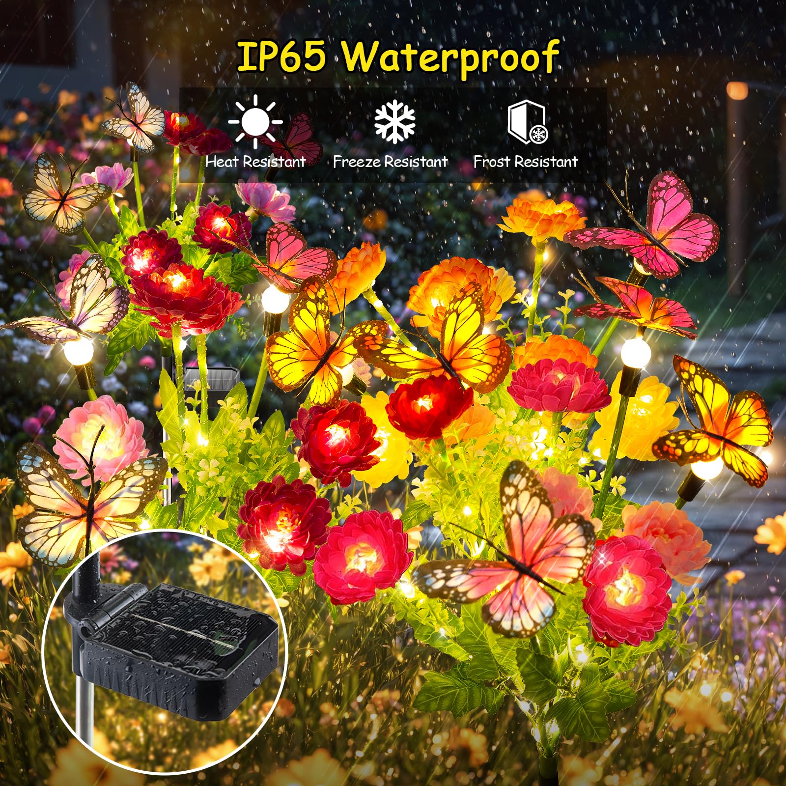 Garpar blooming flowers with LEDs illuminate a walkway