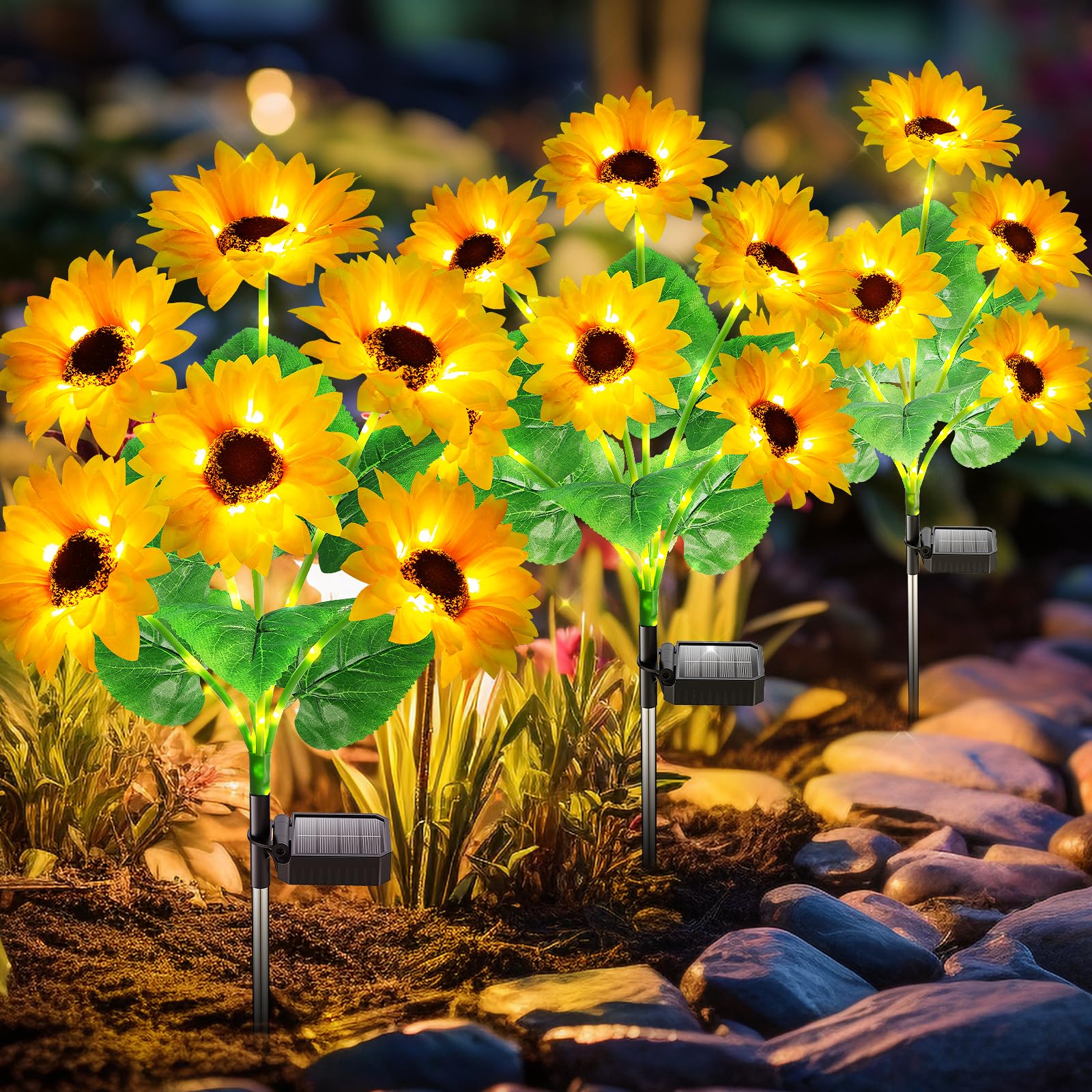 Garpar solar garden lights front view with six glowing sunflowers.