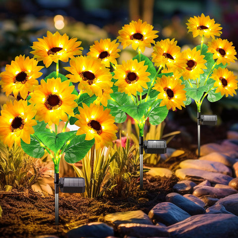 Garpar solar garden lights front view with six glowing sunflowers.