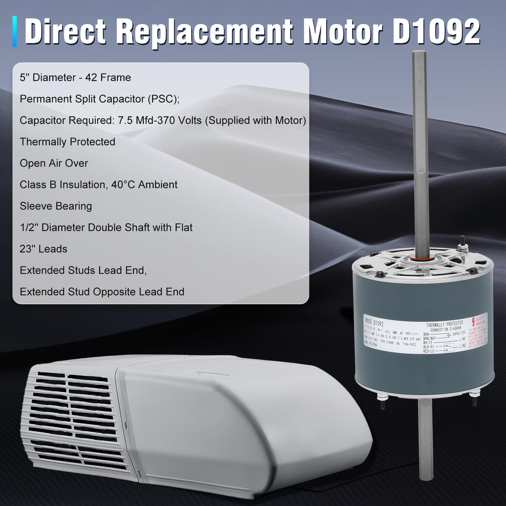 Garsoo RV AC fan motor label detail showing model compatibility and capacitor size.