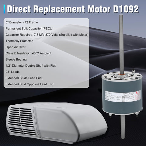 Garsoo RV AC fan motor label detail showing model compatibility and capacitor size.