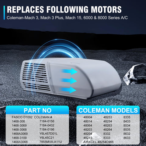 Garsoo RV AC fan motor side view, compatible 1/3 HP Coleman Mach replacements.