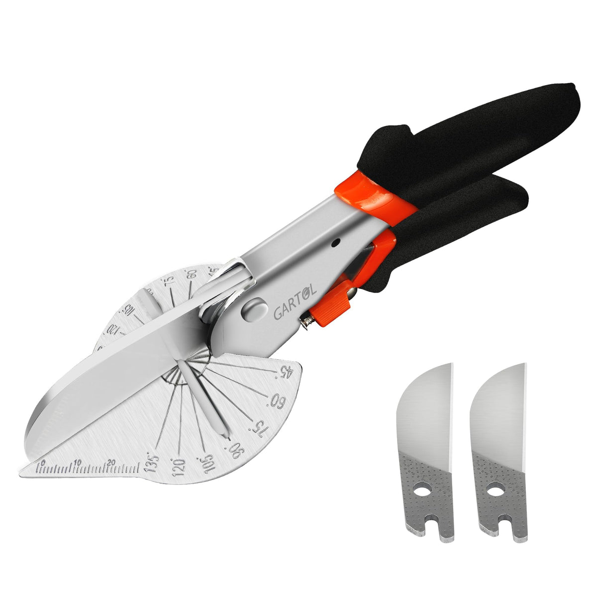 GARTOL Miter Shears show a 45–135° scale for precise angle cuts on trim