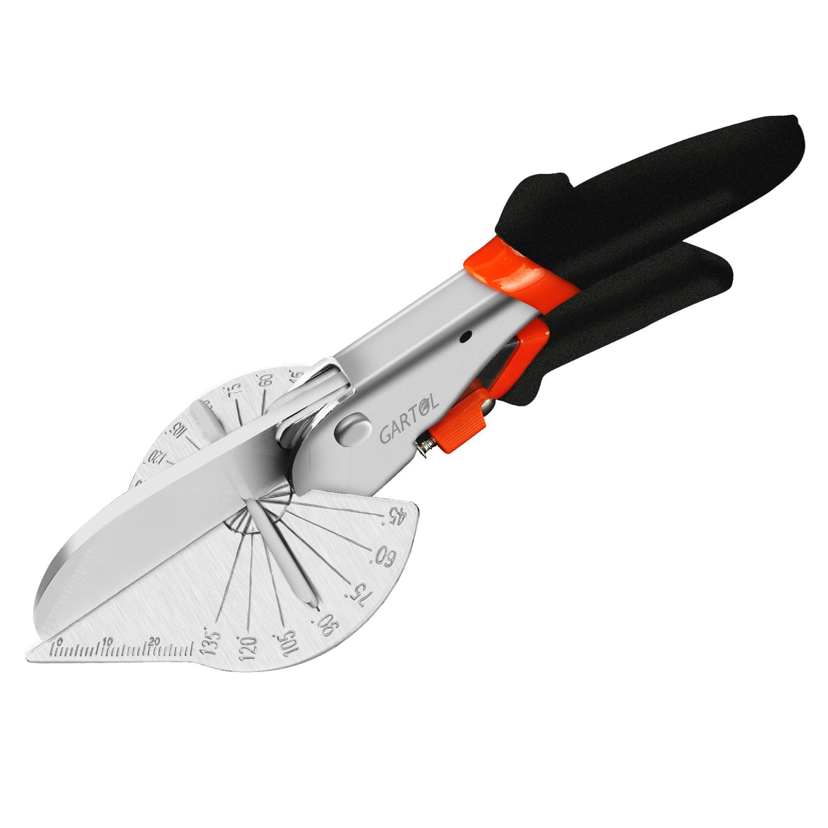 GARTOL miter shears display the angle scale for precise 45-degree cuts in molding.