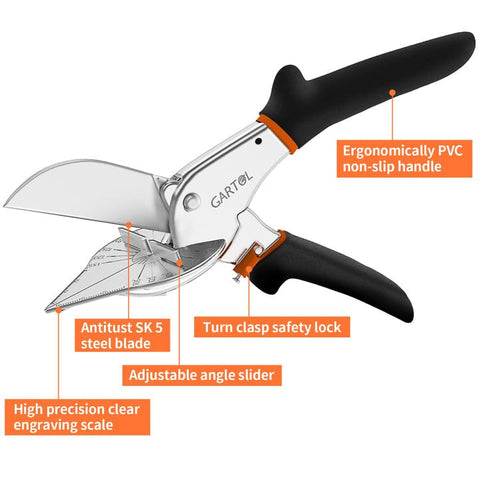 Durable aluminum construction with steel handle on GARTOL miter shears for long use.