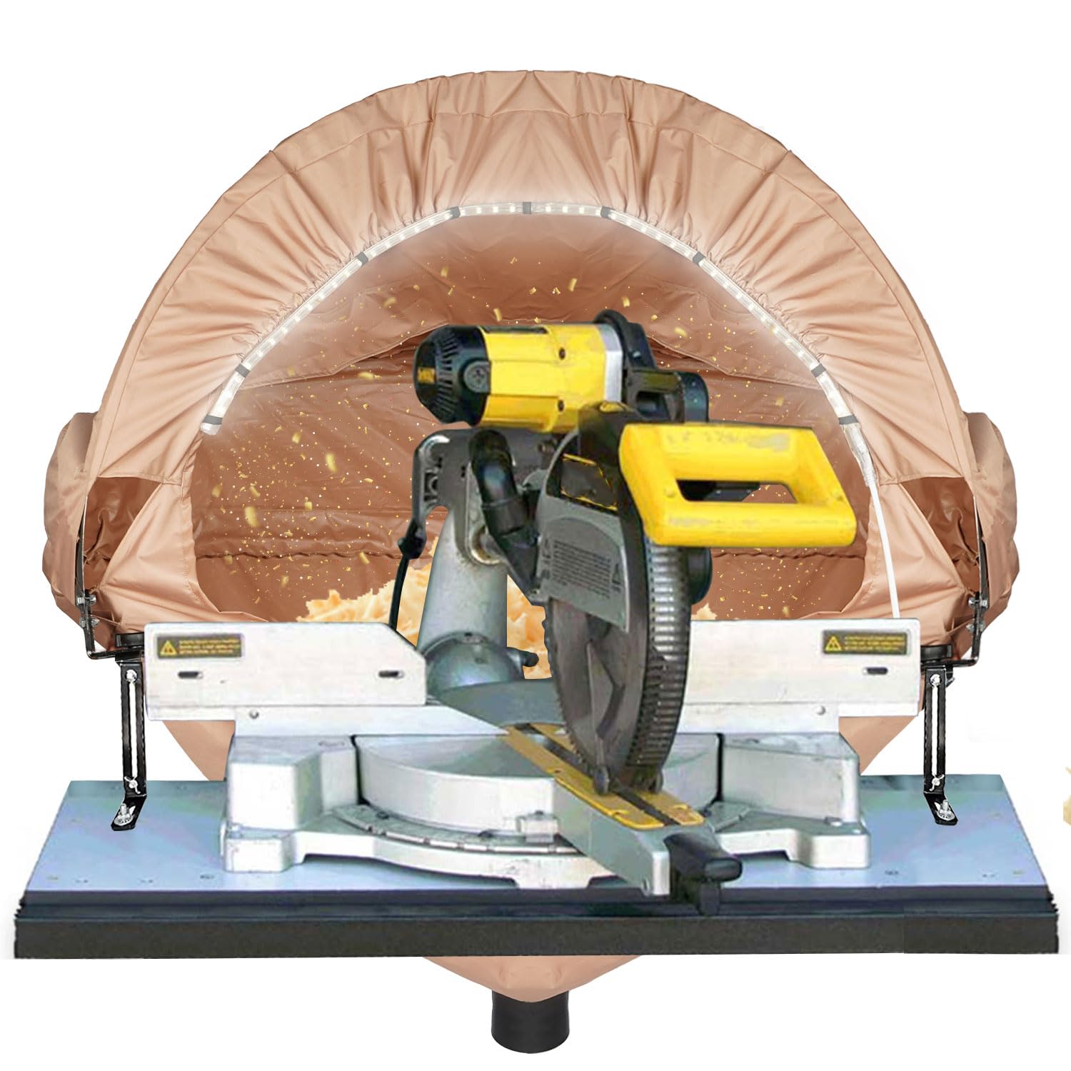 GARVIN miter saw dust hood with light over a clean workshop, capturing dust.