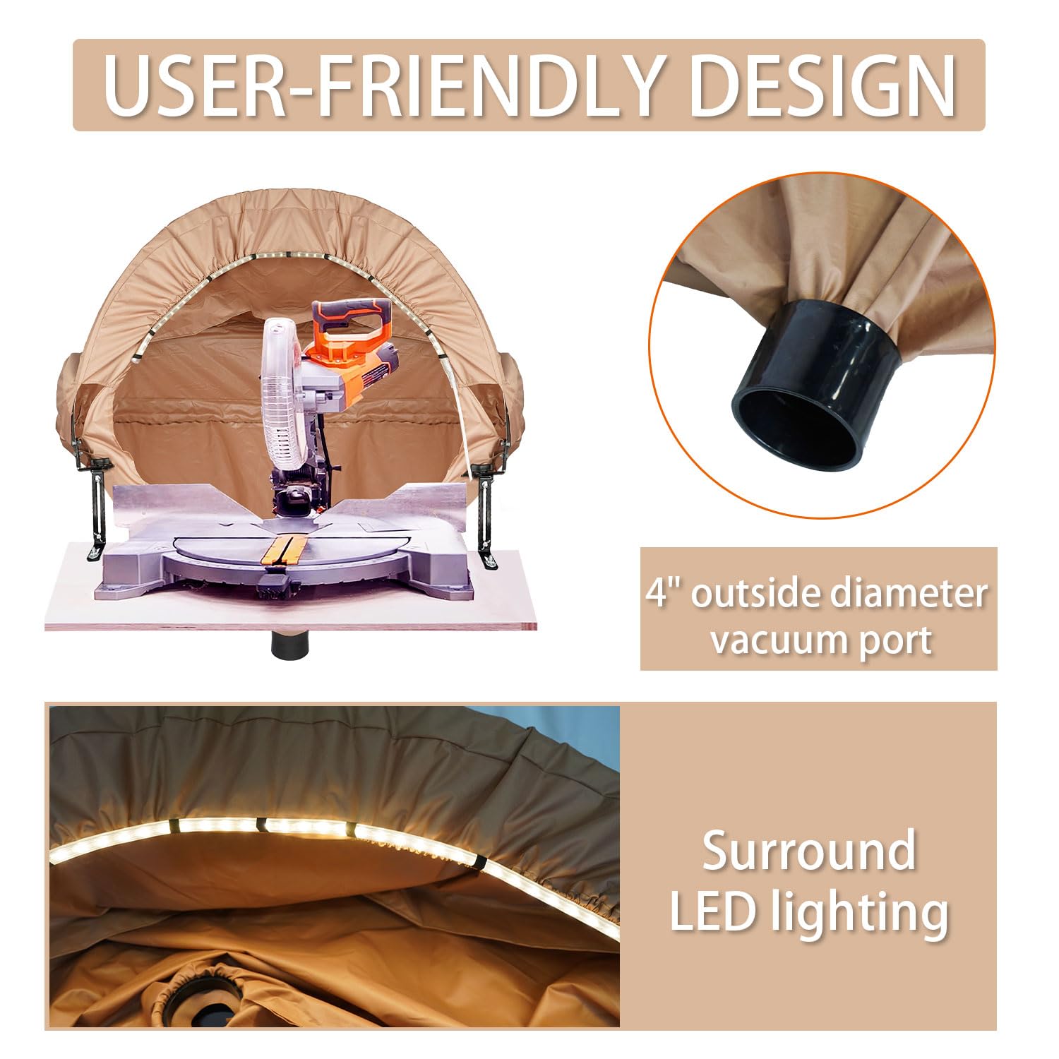 GARVIN miter saw dust hood demonstrates secure light and dust capture.