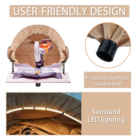 GARVIN miter saw dust hood demonstrates secure light and dust capture.