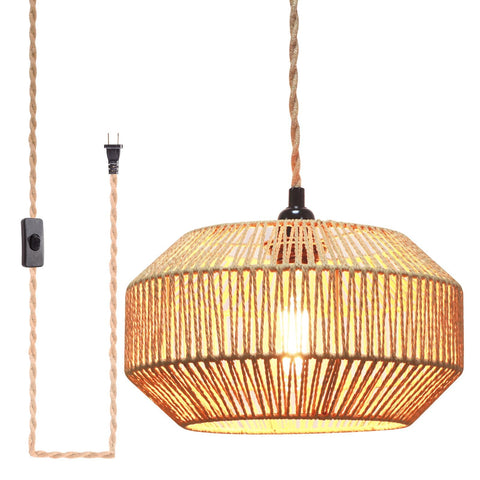 Garvot hanging lamp with plug-in cord and rattan shade for warm ambient lighting.