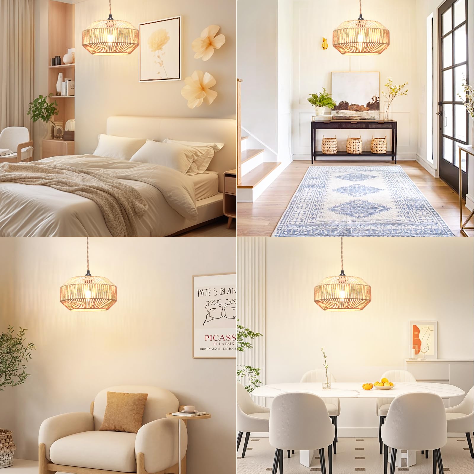Garvot rattan lamp producing soft diffused light.