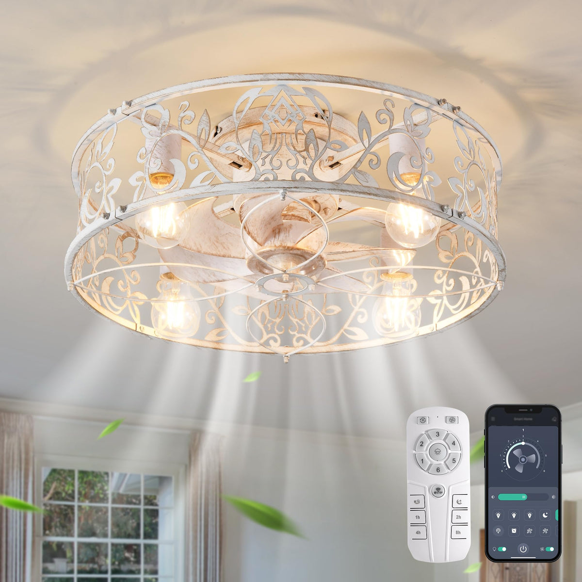 Garwarm 20-inch caged ceiling fan with light in white gold, compact and stylish.