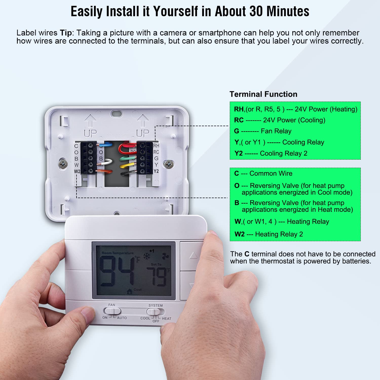 Garystat thermostat includes compressor delay protection for equipment safety.