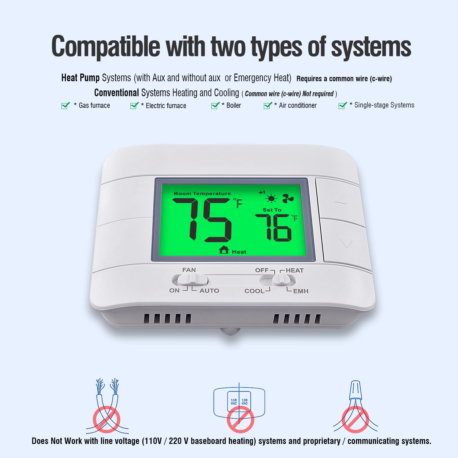 Garystat thermostat compatible with heat pumps and conventional furnaces