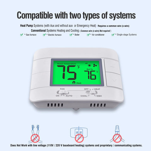 Garystat thermostat compatible with heat pumps and conventional furnaces
