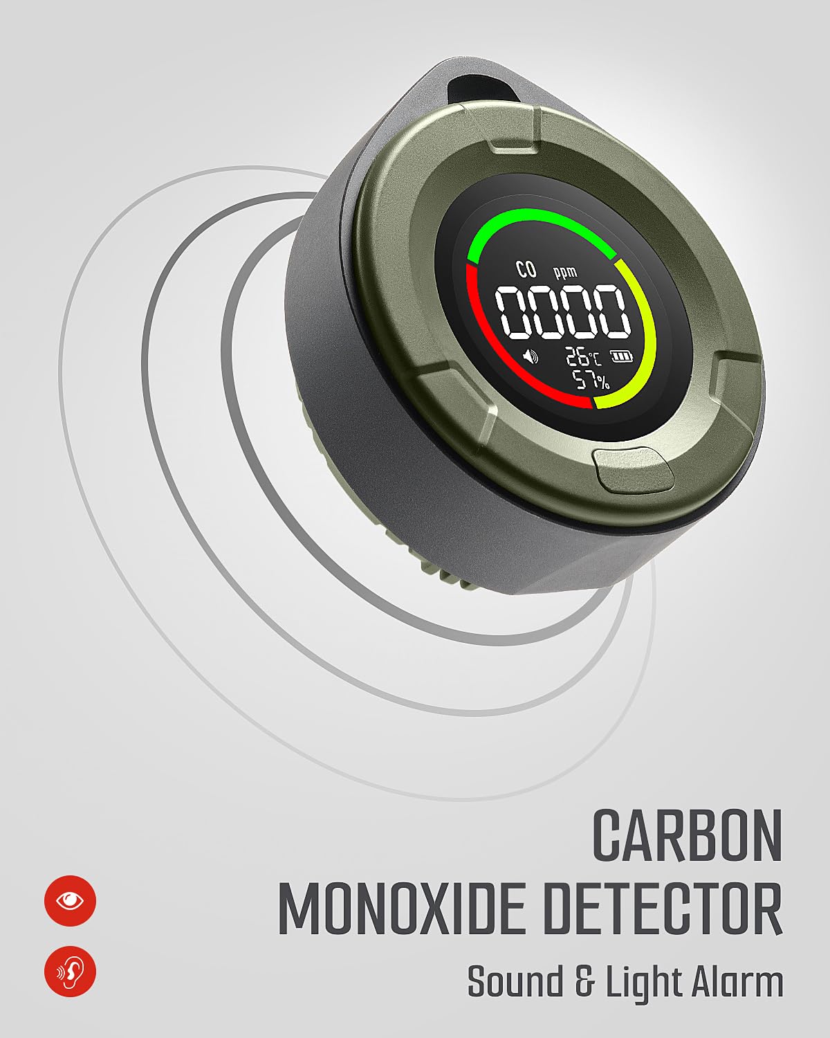 GasDoc DS-100 visual and audible alarm indicators during CO rise