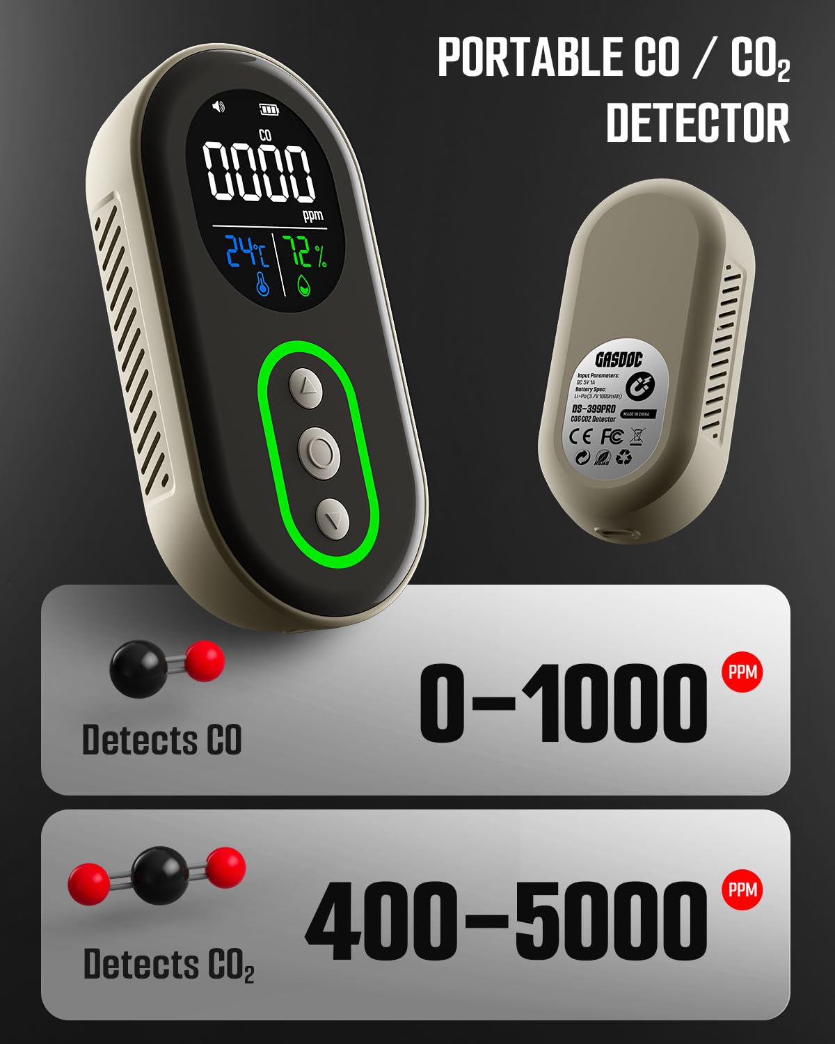 GasDoc DS-399PRO side view highlights its compact form for travel.