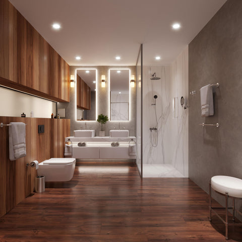 Gatco Glam wall hook in a modern bathroom demonstrating compact, versatile hanging