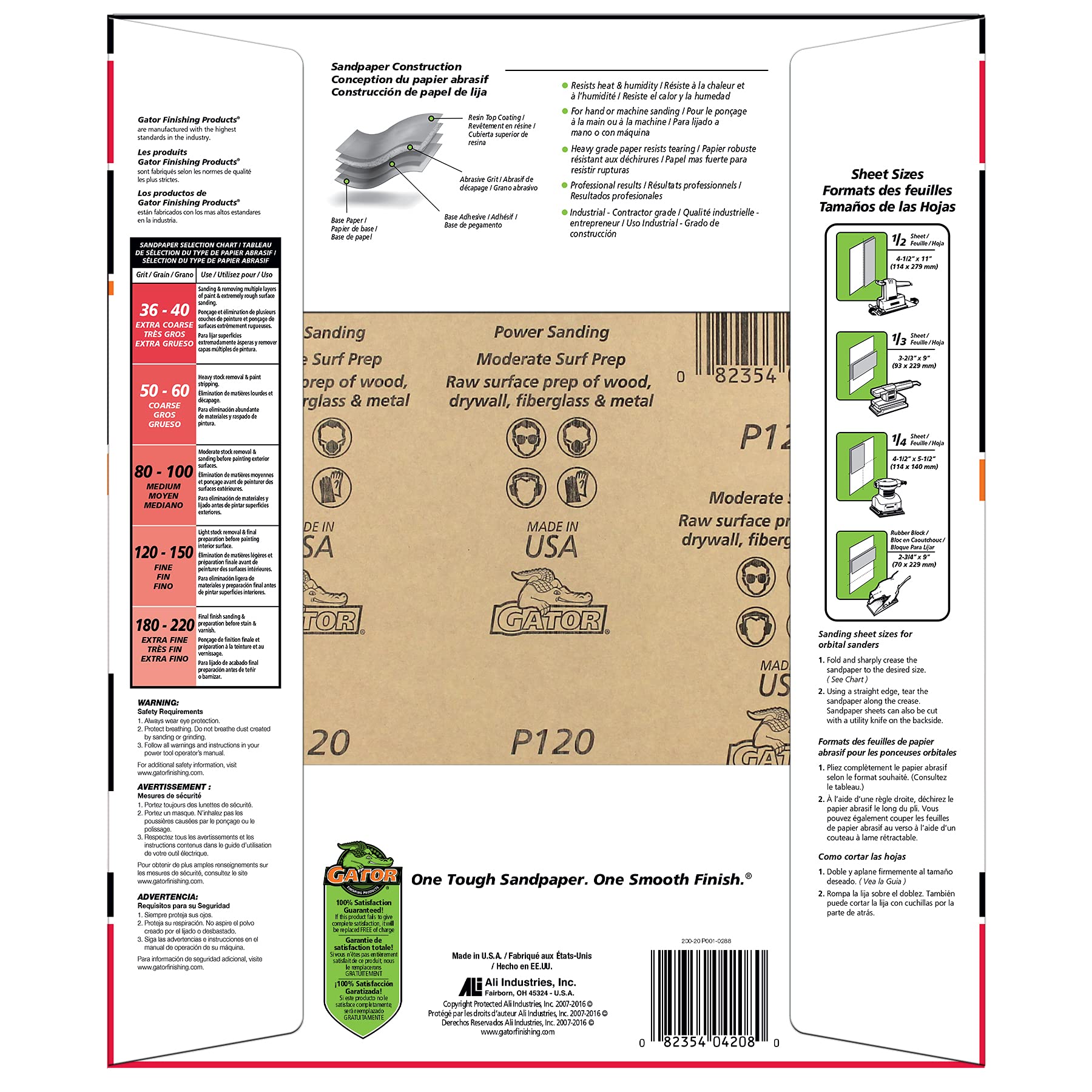 Gator 9x11 sanding sheets 120 grit back view, shows durable grain and backing