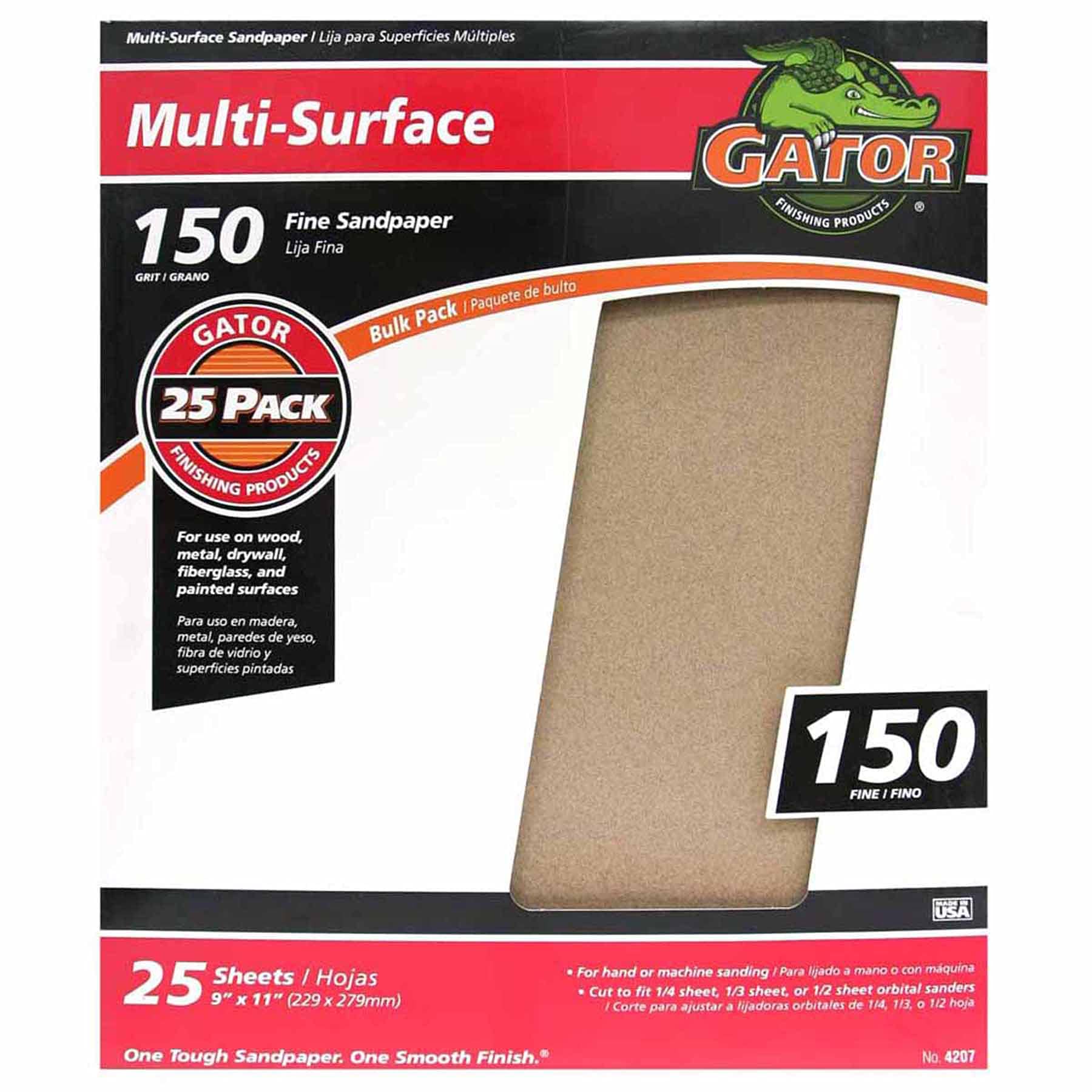 Gator 9x11 sanding sheets, 150 grit, 25 pack for versatile prep.