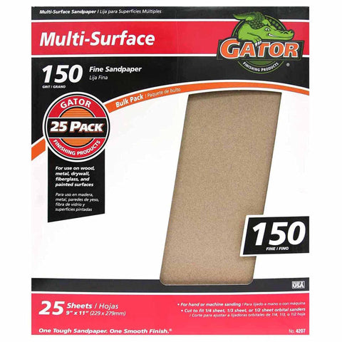 Gator 9x11 sanding sheets, 150 grit, 25 pack for versatile prep.