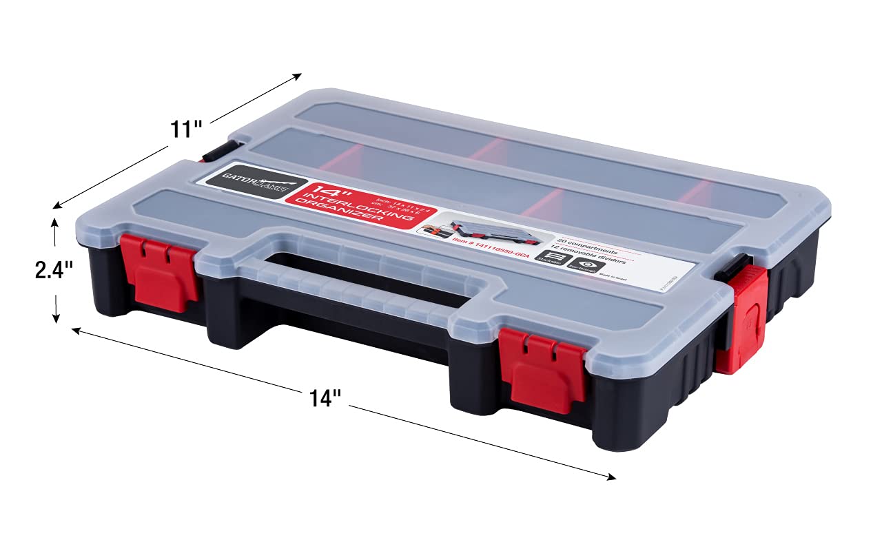 Gator Clamps stackable organizer boxes side by side, space-saving solution for shelves.