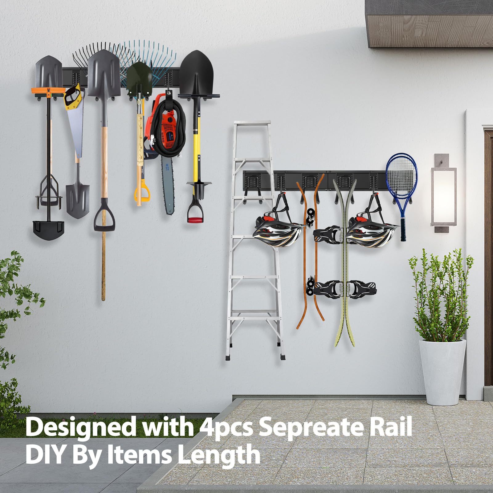 Gatsowm rails and hooks with 4 rails and 12 hooks for versatile storage.
