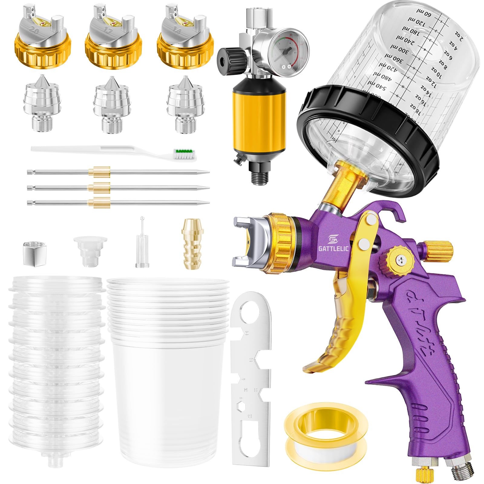 GATTLELIC HVLP spray gun with 1-4mm nozzle for precise topcoat finishes.