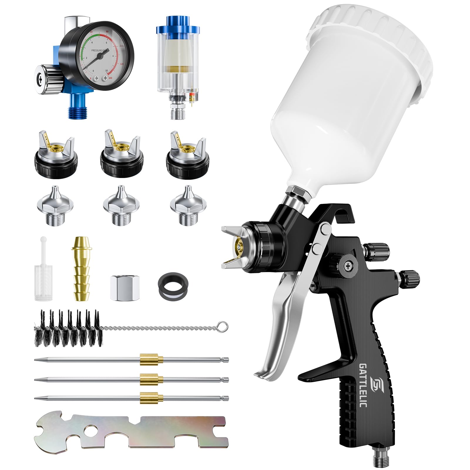 GATTLELIC LVLP spray gun body in hand showing sturdy aluminum build for durable use.