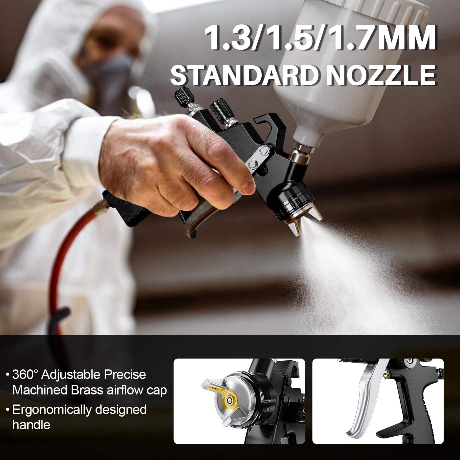 GATTLELIC LVLP spray gun nozzles set with 1.3/1.5/1.7mm options for versatile coatings.