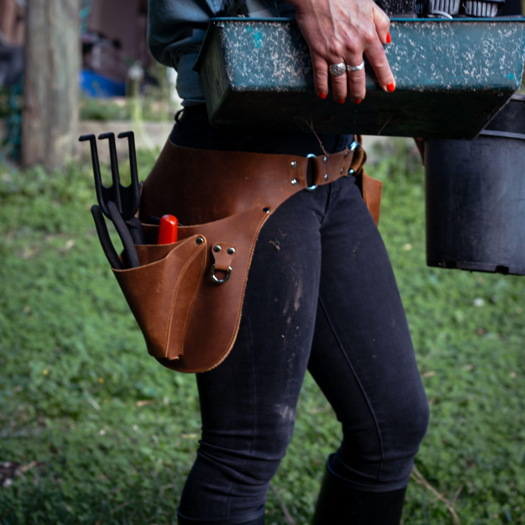 Gaucha Designs Leather Tool Belt adjustable strap for a comfortable fit during tasks.
