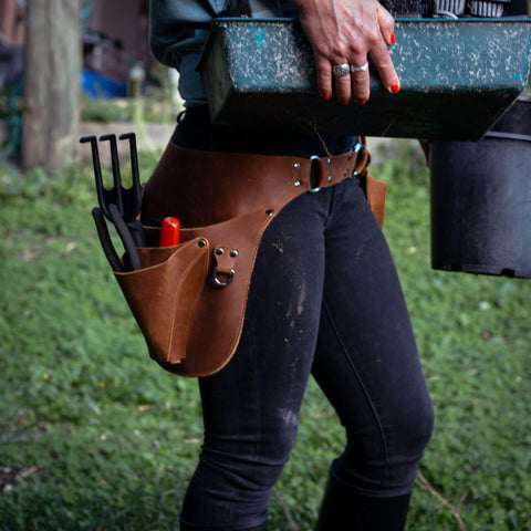 Gaucha Designs Leather Tool Belt adjustable strap for a comfortable fit during tasks.