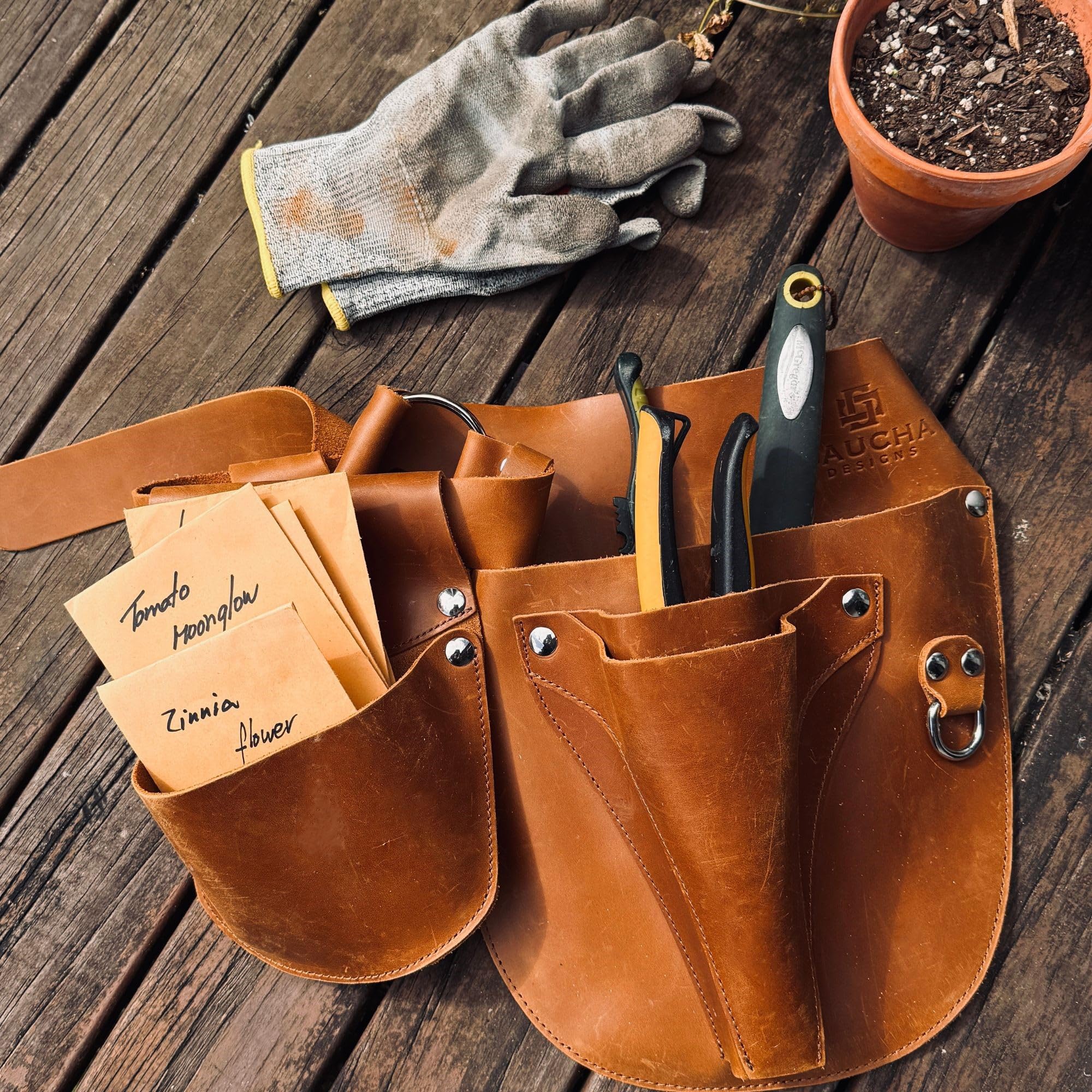 Gaucha Designs Leather Tool Belt pocket layout enables quick access to tools.