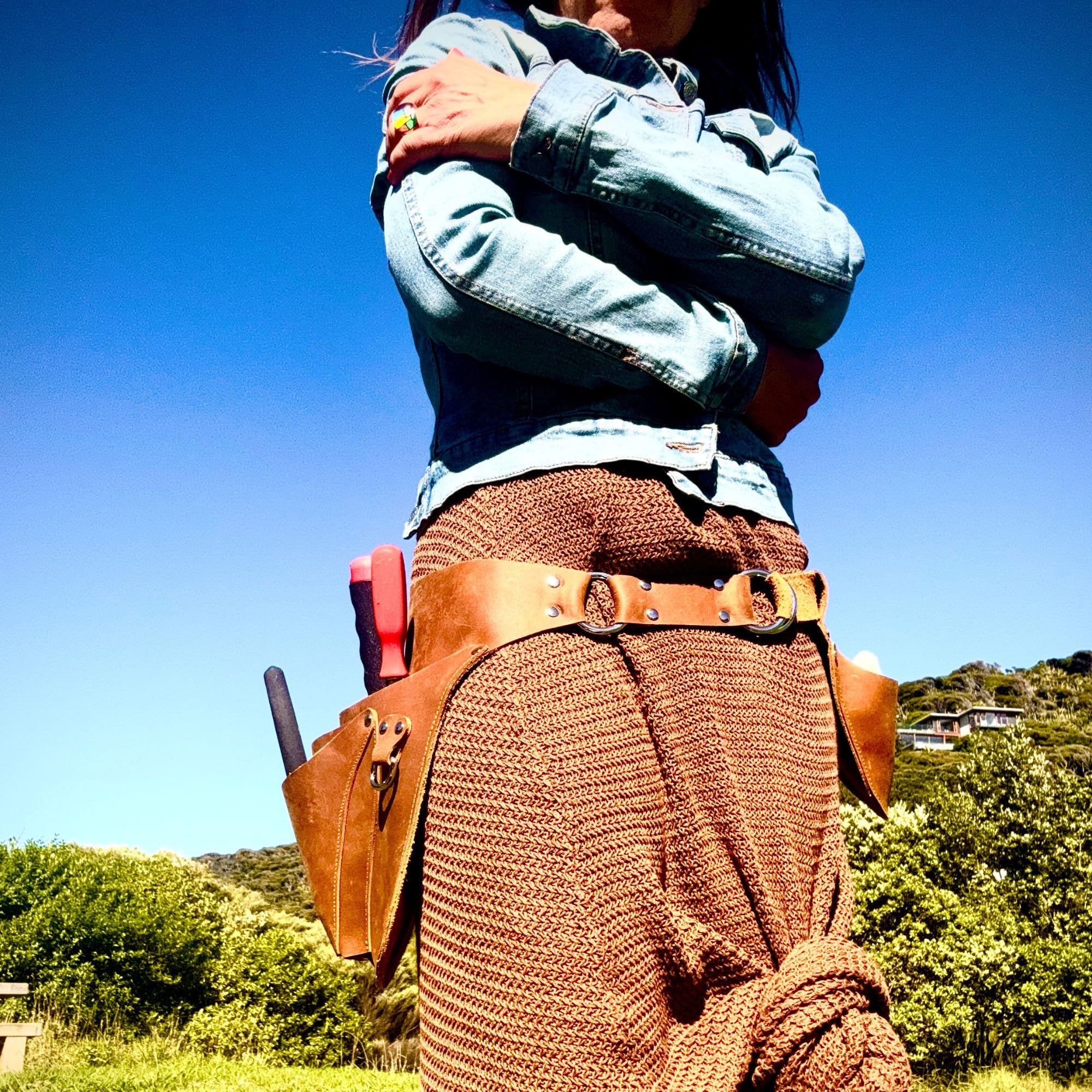 Gaucha Designs Leather Tool Belt close-up stitching detail signals quality.