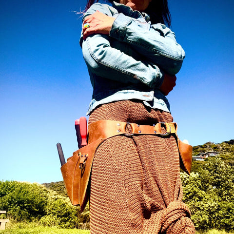 Gaucha Designs Leather Tool Belt close-up stitching detail signals quality.