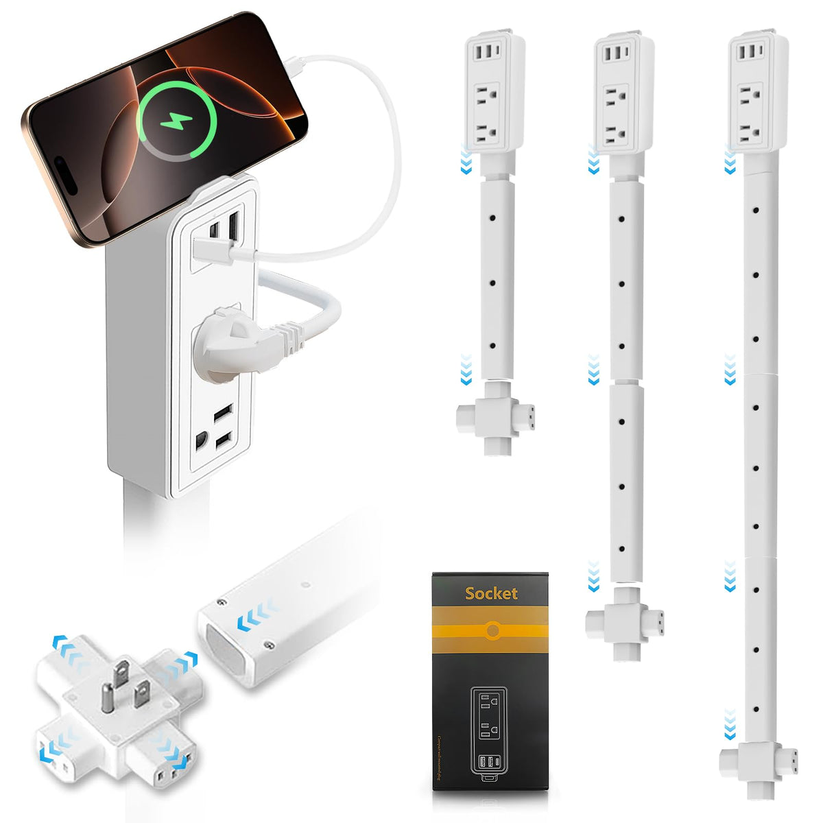 GaWear Electrical Outlet Extender Stick front view with USB and AC outlets for easy charging