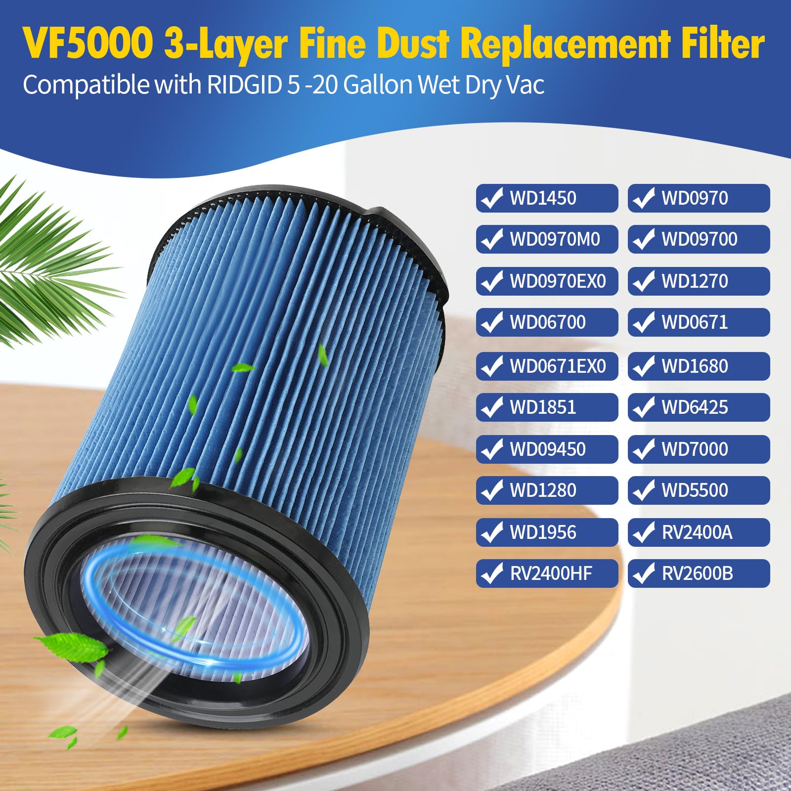 Gazeer VF5000 filter fit for RIDGID WD1450 and WD0970, maintained suction